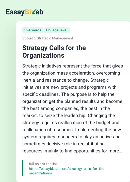 Strategy Calls for the Organizations - Essay Preview