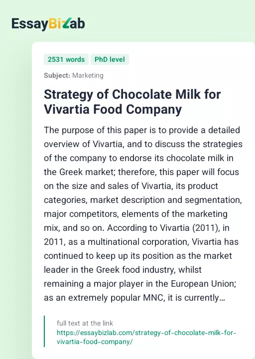 Strategy of Chocolate Milk for Vivartia Food Company - Essay Preview