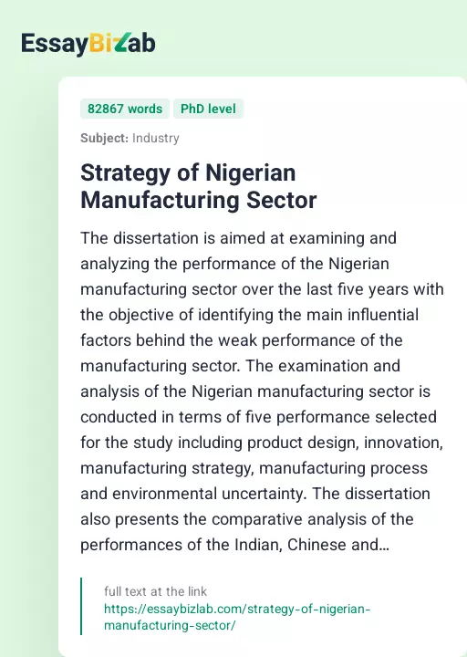 Strategy of Nigerian Manufacturing Sector - Essay Preview