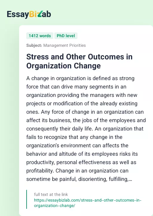 Stress and Other Outcomes in Organization Change - Essay Preview