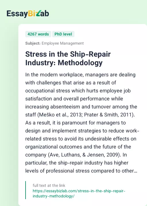 Stress in the Ship-Repair Industry: Methodology - Essay Preview