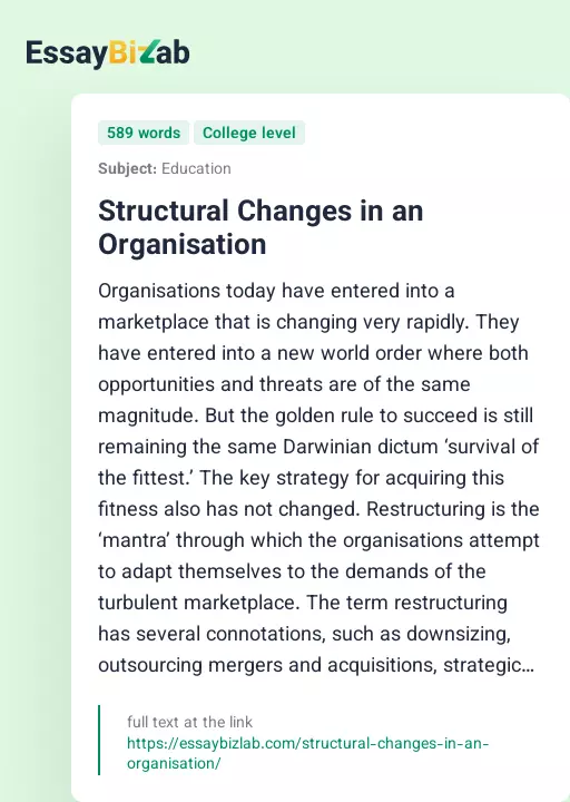 Structural Changes in an Organisation - Essay Preview