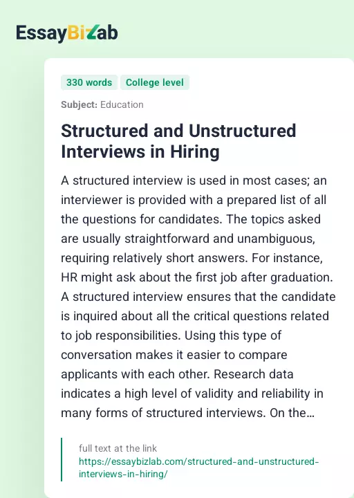 Structured and Unstructured Interviews in Hiring - Essay Preview