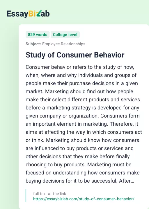 Study of Consumer Behavior - Essay Preview