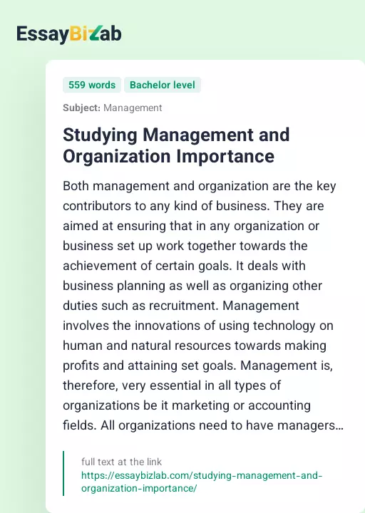 Studying Management and Organization Importance - Essay Preview