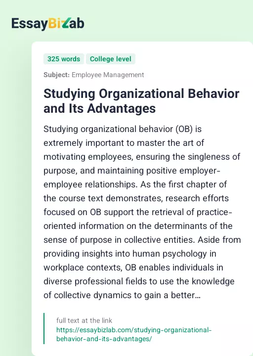 Studying Organizational Behavior and Its Advantages - Essay Preview