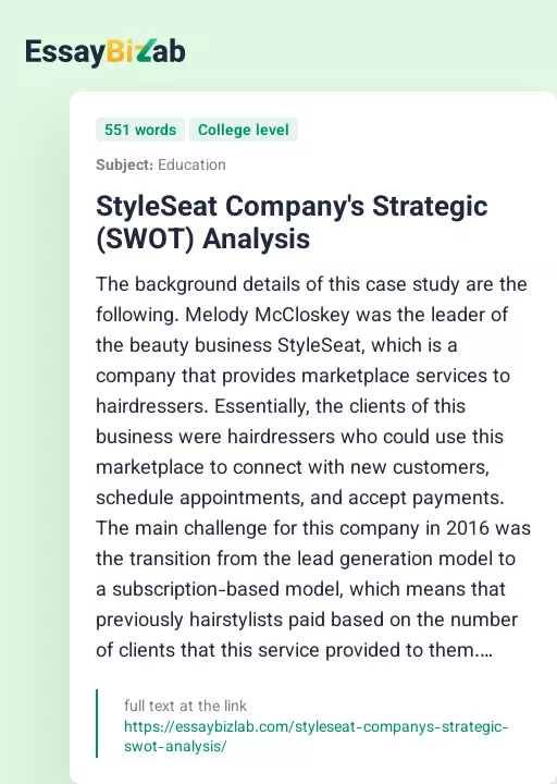 StyleSeat Company's Strategic (SWOT) Analysis - Essay Preview