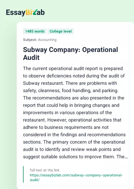 Subway Company: Operational Audit - Essay Preview