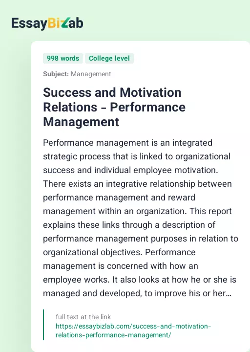Success and Motivation Relations - Performance Management - Essay Preview