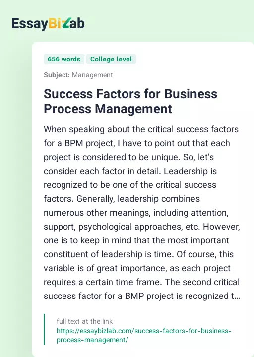 Success Factors for Business Process Management - Essay Preview
