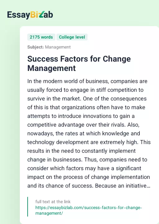 Success Factors for Change Management - Essay Preview