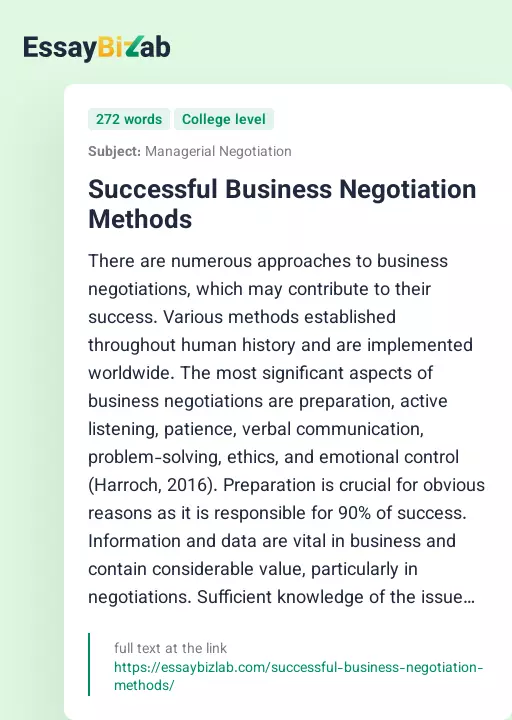 Successful Business Negotiation Methods - Essay Preview