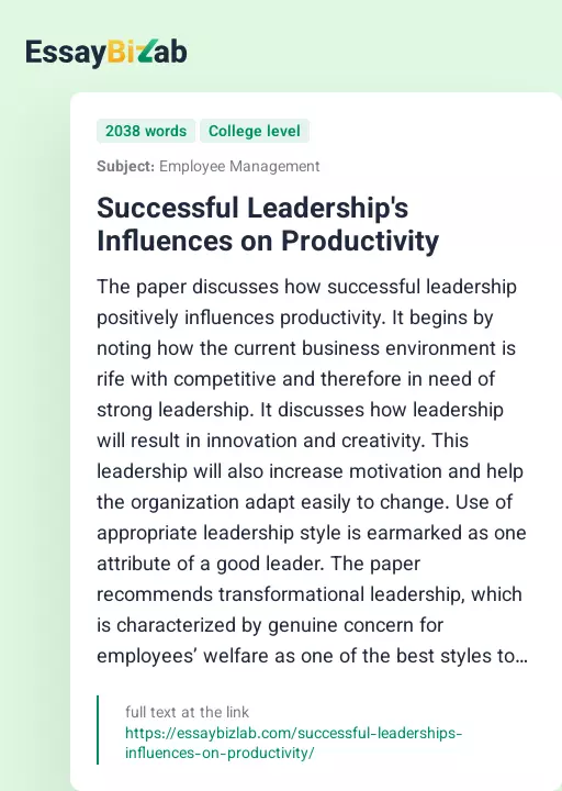 Successful Leadership's Influences on Productivity - Essay Preview