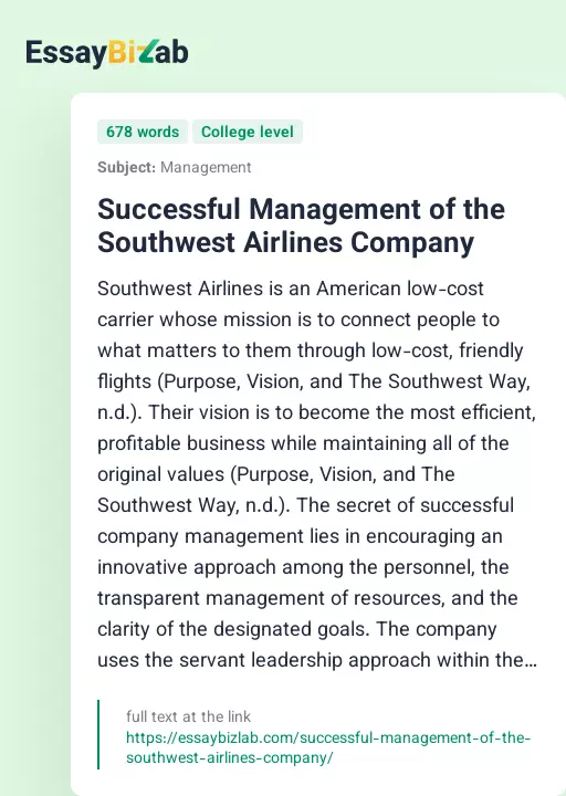 Successful Management of the Southwest Airlines Company - Essay Preview