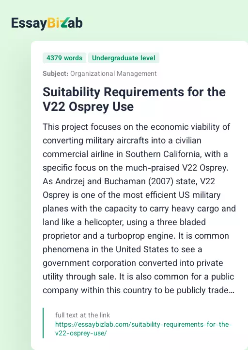 Suitability Requirements for the V22 Osprey Use - Essay Preview