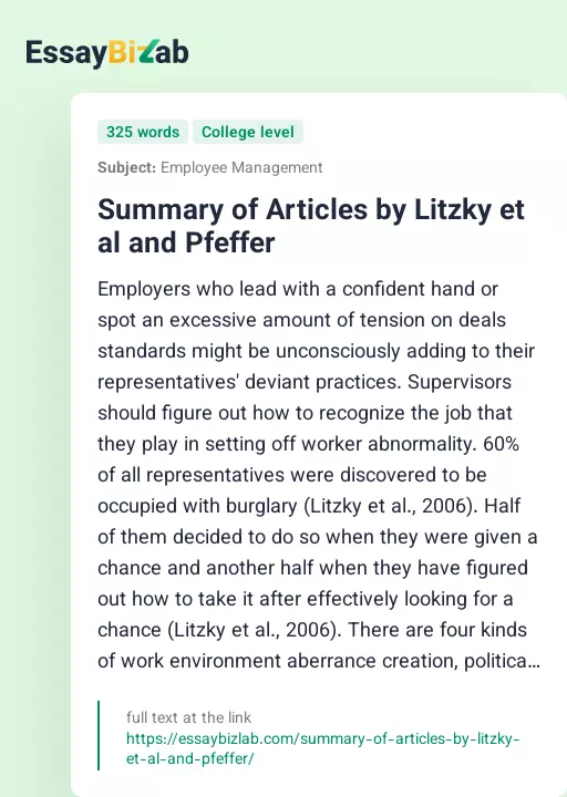 Summary of Articles by Litzky et al and Pfeffer - Essay Preview