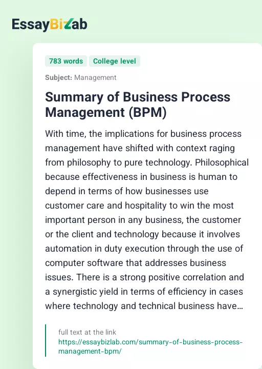 Summary of Business Process Management (BPM) - Essay Preview