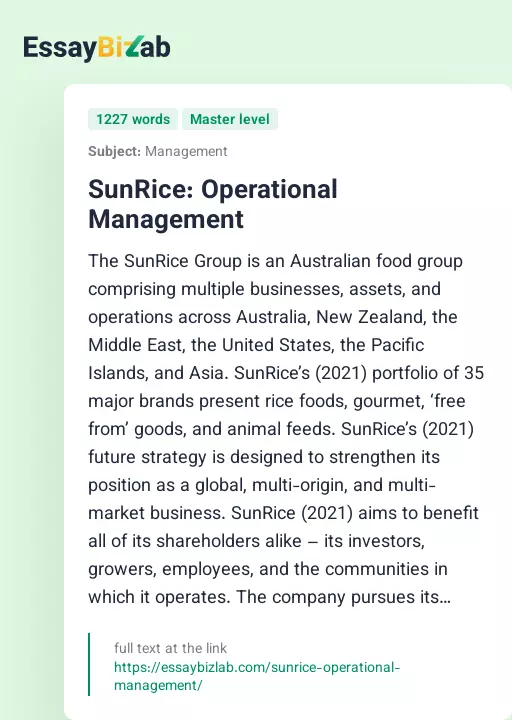 SunRice: Operational Management - Essay Preview