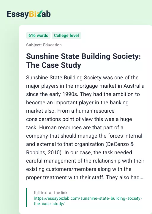 Sunshine State Building Society: The Case Study - Essay Preview