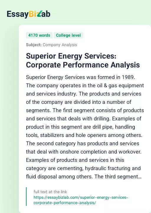 Superior Energy Services: Corporate Performance Analysis - Essay Preview