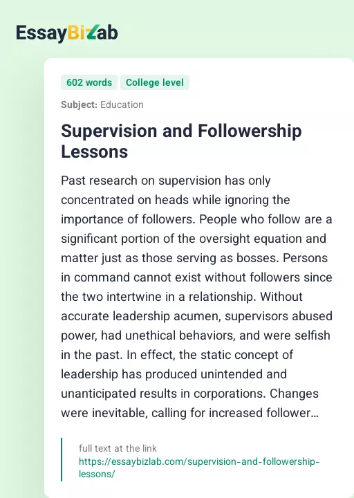 Supervision and Followership Lessons - Essay Preview