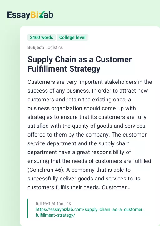 Supply Chain as a Customer Fulfillment Strategy - Essay Preview