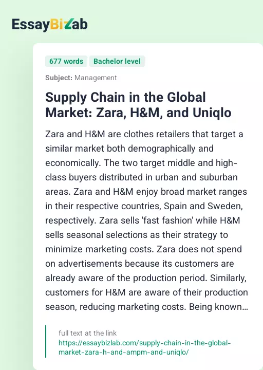 Supply Chain in the Global Market: Zara, H&M, and Uniqlo - Essay Preview