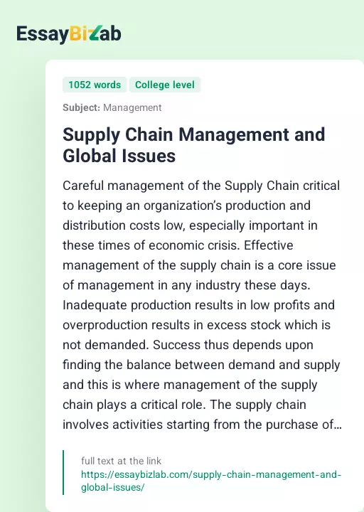 Supply Chain Management and Global Issues - Essay Preview
