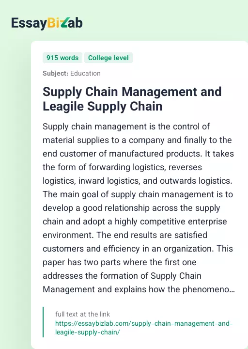 Supply Chain Management and Leagile Supply Chain - Essay Preview