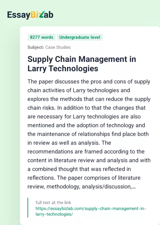 Supply Chain Management in Larry Technologies - Essay Preview