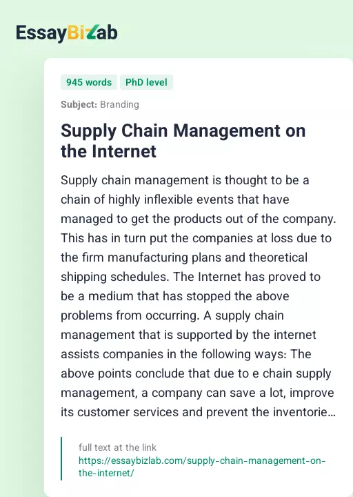 Supply Chain Management on the Internet - Essay Preview