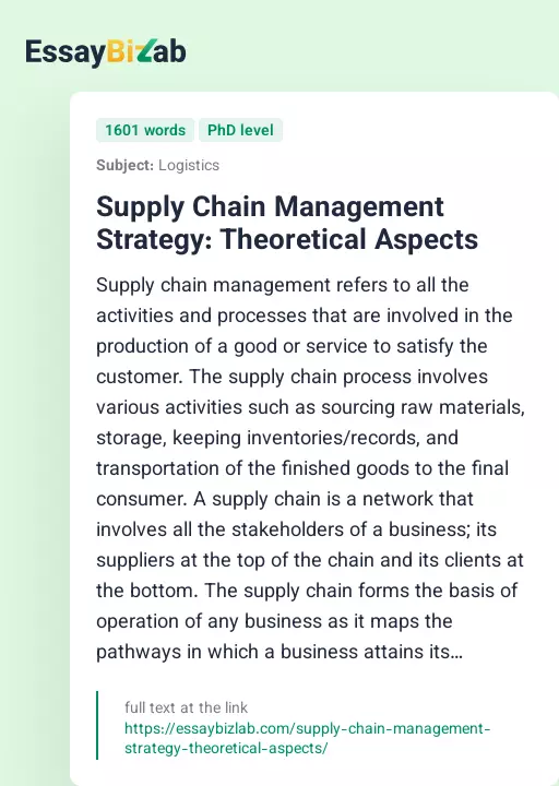 Supply Chain Management Strategy: Theoretical Aspects - Essay Preview
