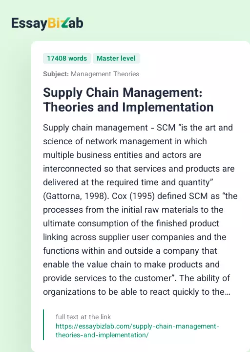 Supply Chain Management: Theories and Implementation - Essay Preview