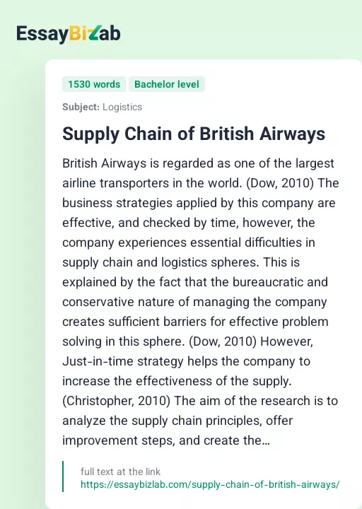 Supply Chain of British Airways - Essay Preview