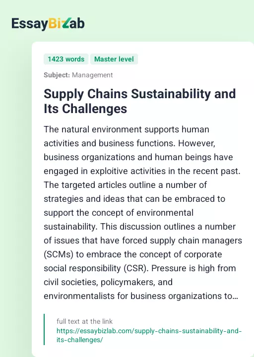 Supply Chains Sustainability and Its Challenges - Essay Preview