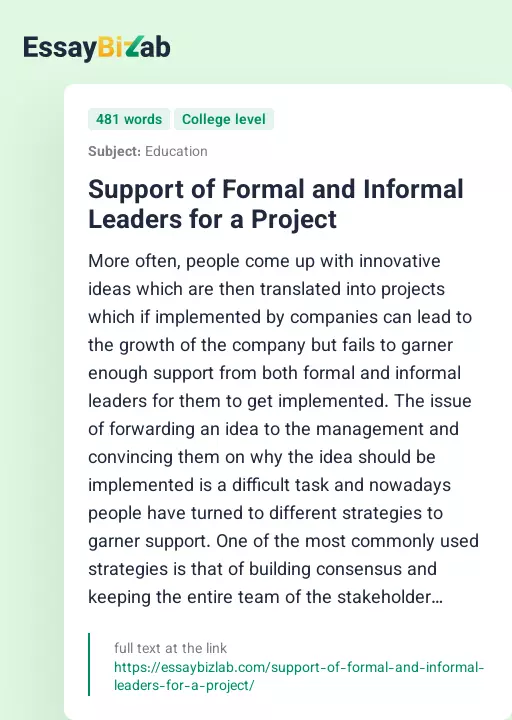 Support of Formal and Informal Leaders for a Project - Essay Preview