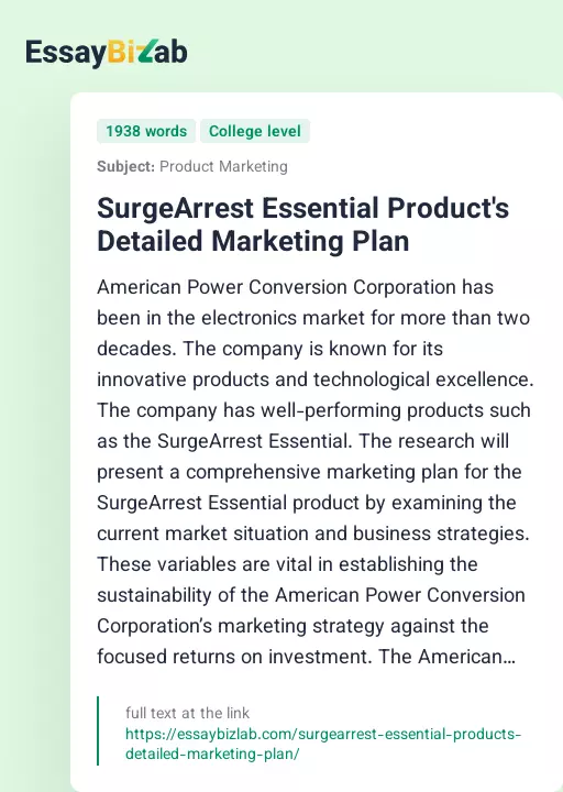 SurgeArrest Essential Product's Detailed Marketing Plan - Essay Preview