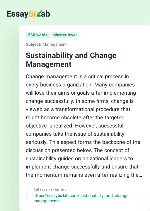 Sustainability and Change Management - Essay Preview