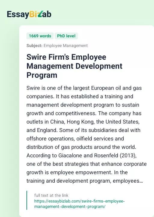 Swire Firm's Employee Management Development Program - Essay Preview