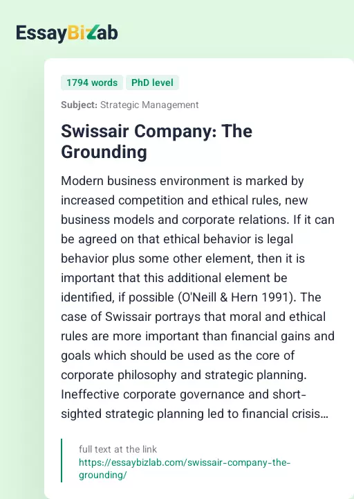 Swissair Company: The Grounding - Essay Preview