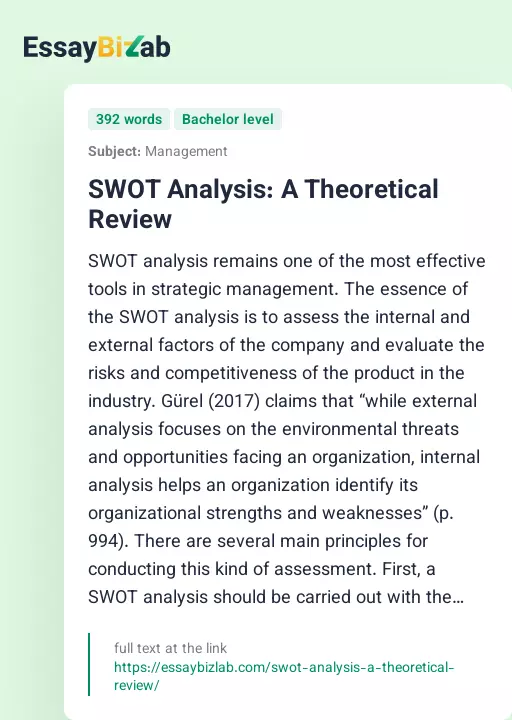 SWOT Analysis: A Theoretical Review - Essay Preview