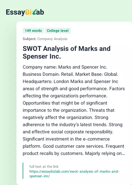 SWOT Analysis of Marks and Spenser Inc. - Essay Preview