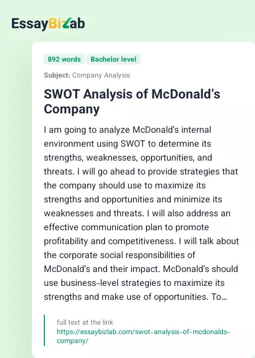 SWOT Analysis of McDonald’s Company - Essay Preview