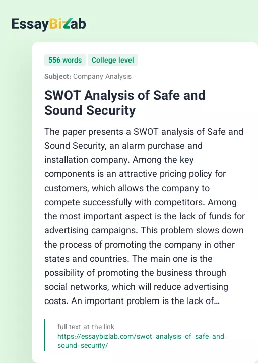 SWOT Analysis of Safe and Sound Security - Essay Preview