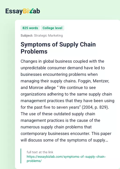 Symptoms of Supply Chain Problems - Essay Preview
