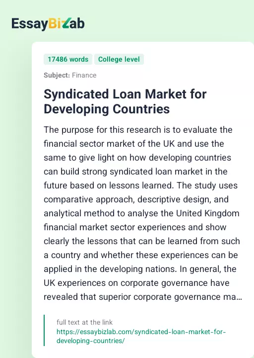Syndicated Loan Market for Developing Countries - Essay Preview