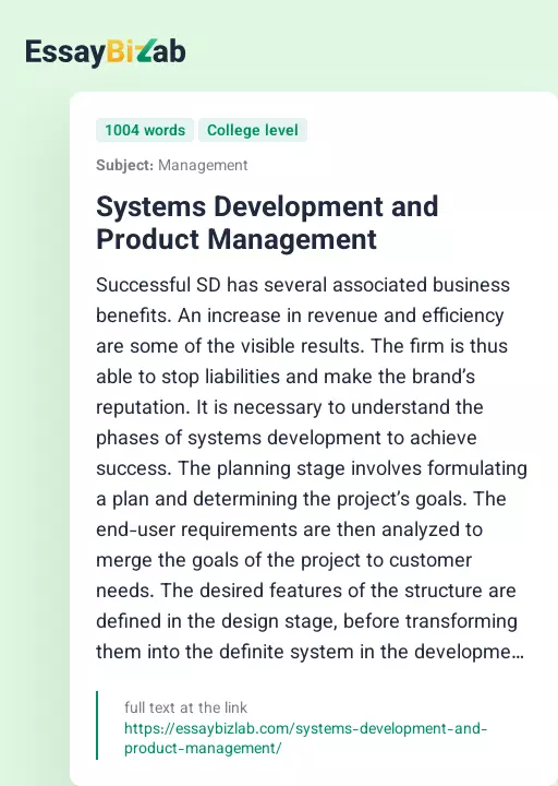 Systems Development and Product Management - Essay Preview