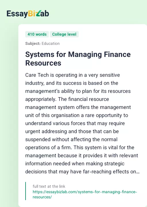Systems for Managing Finance Resources - Essay Preview