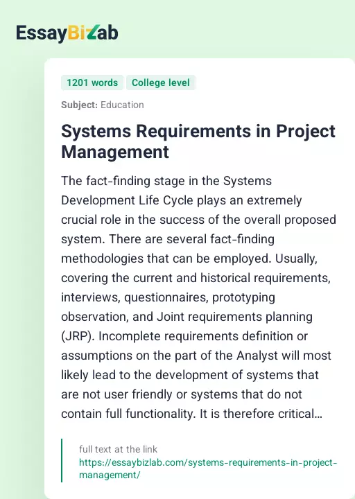 Systems Requirements in Project Management - Essay Preview