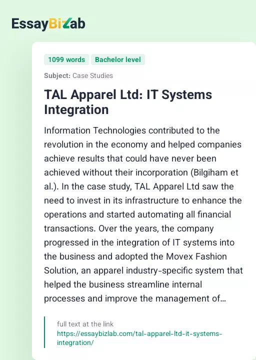 TAL Apparel Ltd: IT Systems Integration - Essay Preview